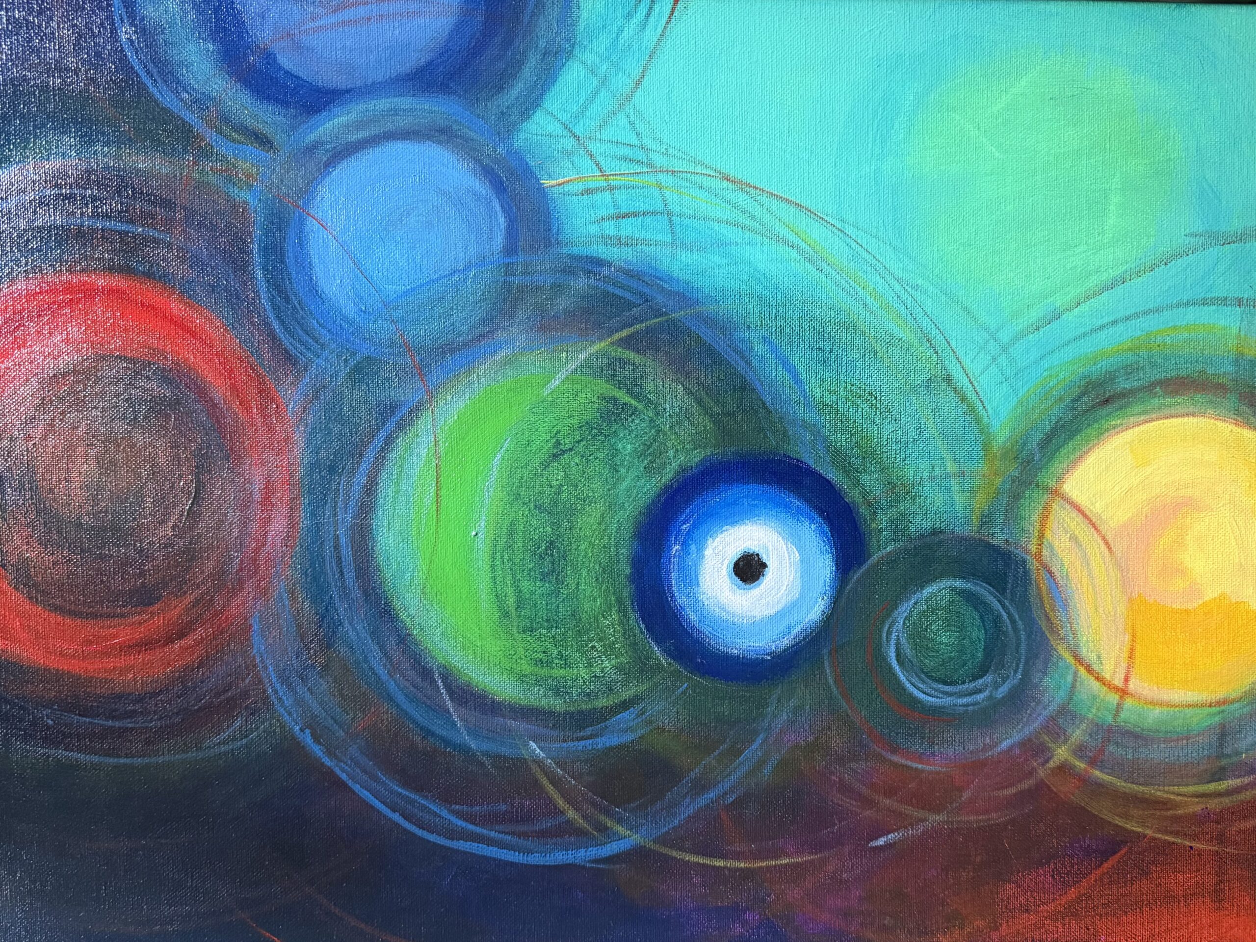 Abstract painting with swirling circles in vivid colors: red on the left, blues and green in the center, and bright yellow on the right. Thin, overlapping circular lines radiate outward, giving a sense of motion against a teal background.