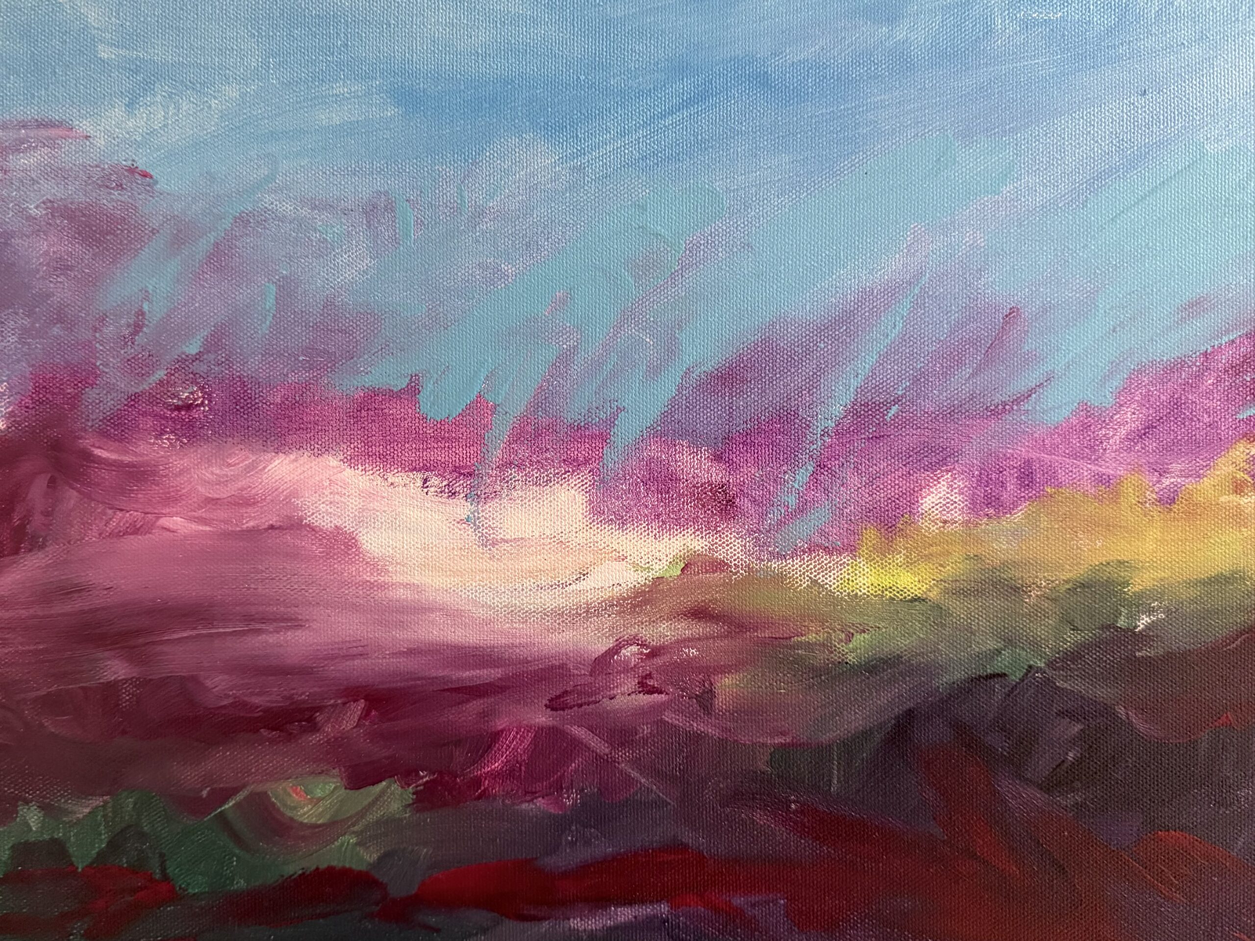 Abstract painting with bold brushstrokes in pink, purple, and red at the bottom, blending into yellow and white in the center, and pale blue at the top. The colors mix with dynamic, sweeping motions, creating a sense of movement and energy.