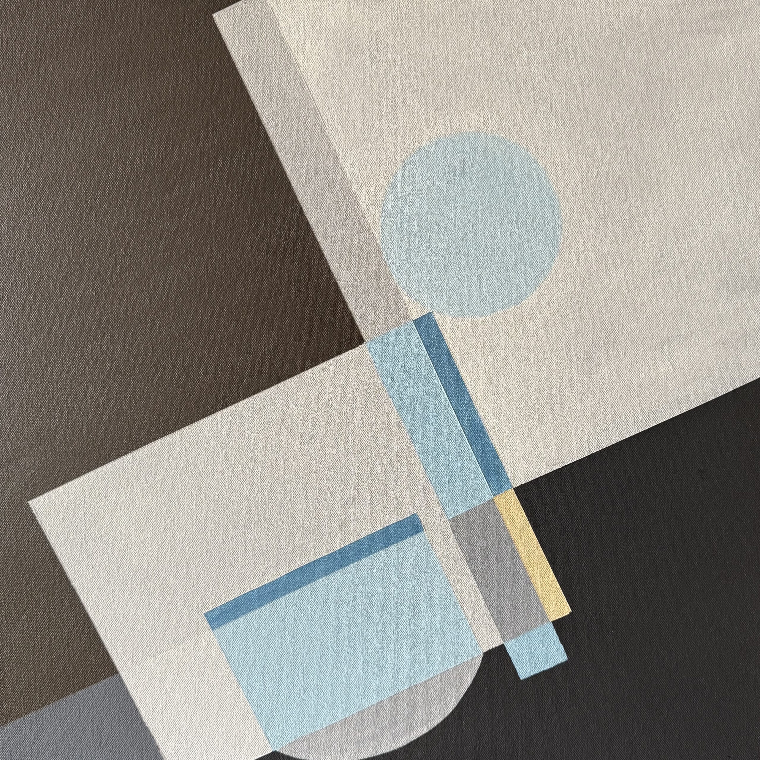Abstract geometric artwork featuring overlapping rectangles, circles, and lines in shades of white, gray, black, light blue, and yellow. The composition has crisp edges, intersecting shapes, and a balanced, modern design.