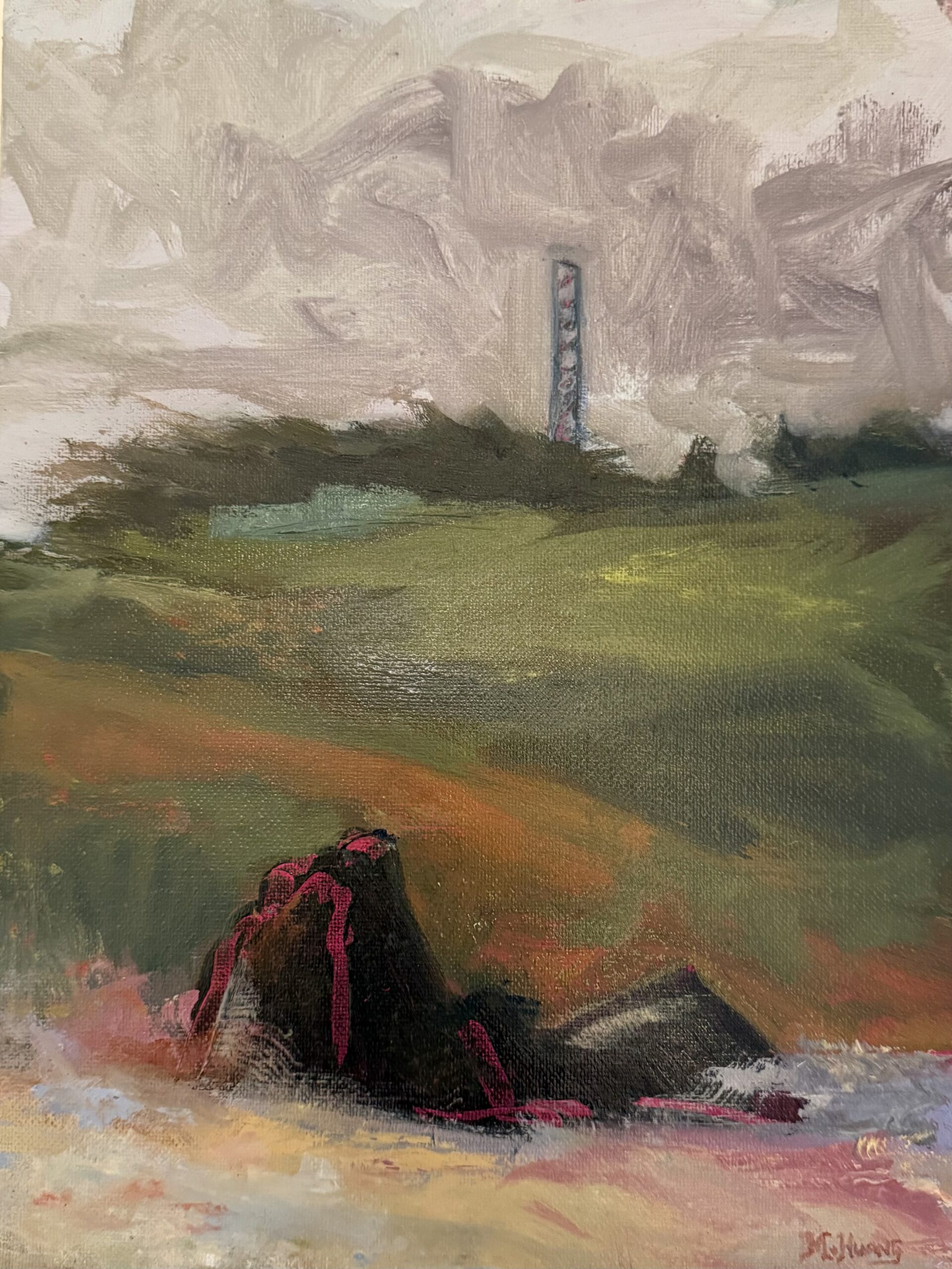 A rocky black outcrop with reddish highlights sits in the foreground on sandy ground. Behind it, grassy green fields stretch into the distance under a cloudy, gray sky. A tall tower structure rises at the horizon's center. The scene is painted in loose, impressionistic brushstrokes.